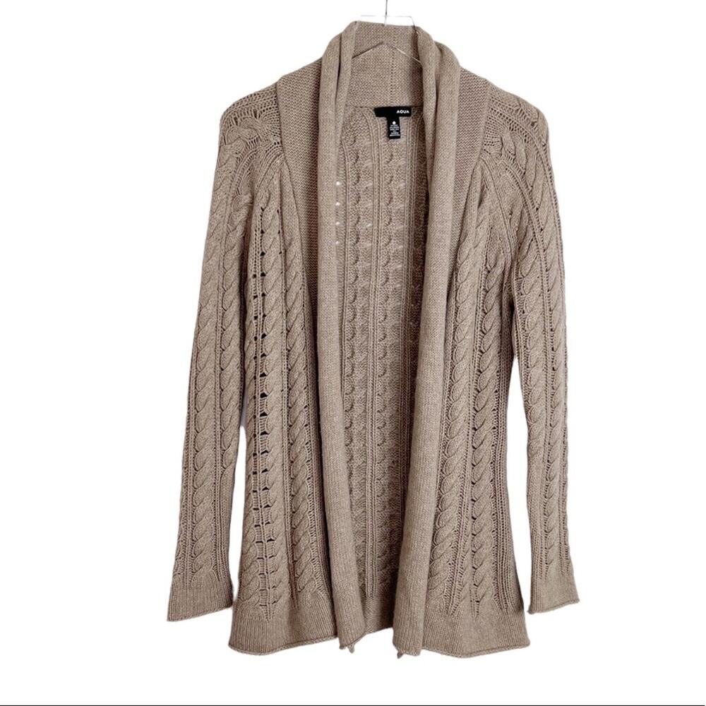 Aqua Wool Angora Cable Knit Shawl Collar Cardigan Sweater Neutral Medium